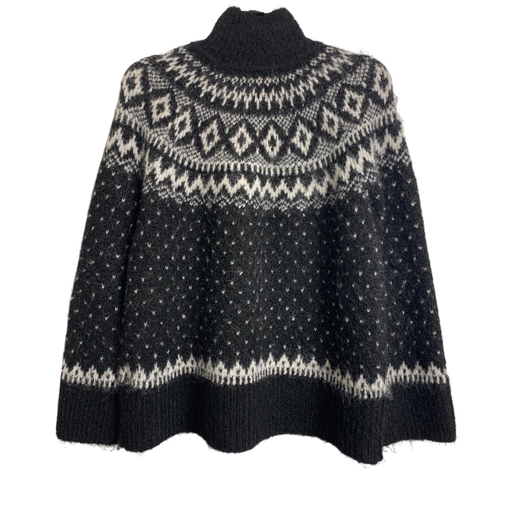 GAP XS/P Fair Isle Mock Neck Wool Sweater Black White Nordic Knit Pullover